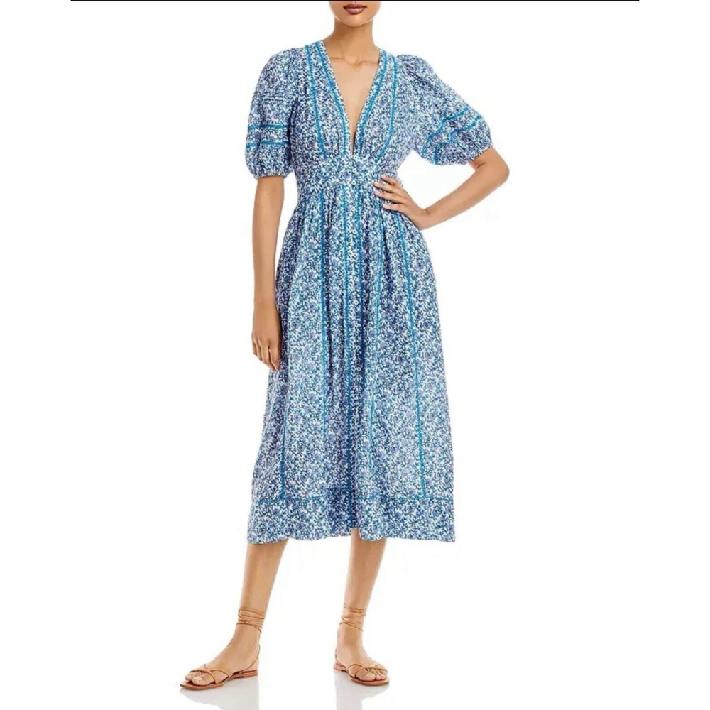 POUPETTE ST. BARTH Blue Mistral Reine Dress Medium Balloon Sleeve Front Slit